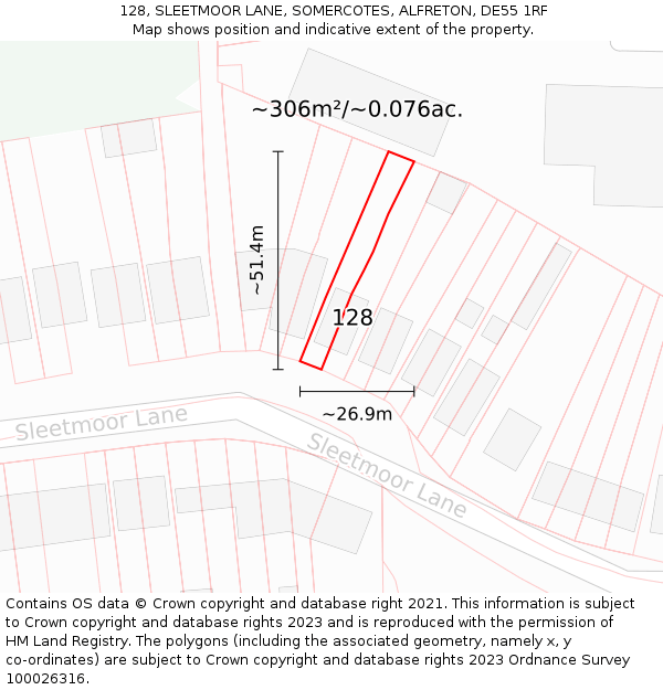 128, SLEETMOOR LANE, SOMERCOTES, ALFRETON, DE55 1RF: Plot and title map