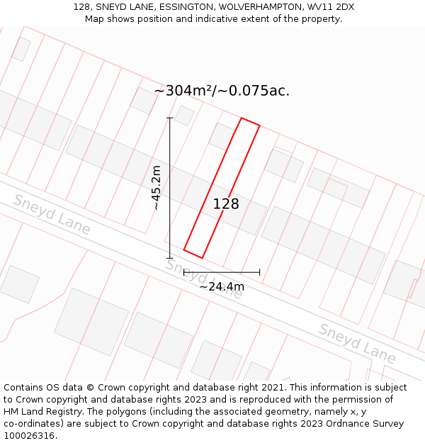 128, SNEYD LANE, ESSINGTON, WOLVERHAMPTON, WV11 2DX: Plot and title map