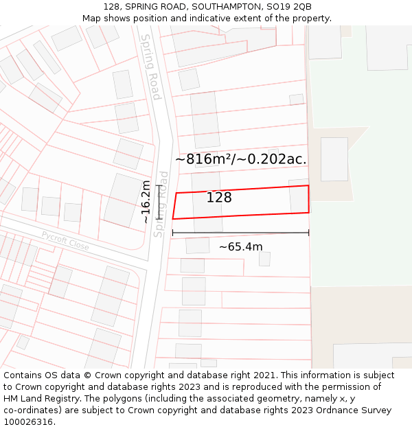 128, SPRING ROAD, SOUTHAMPTON, SO19 2QB: Plot and title map