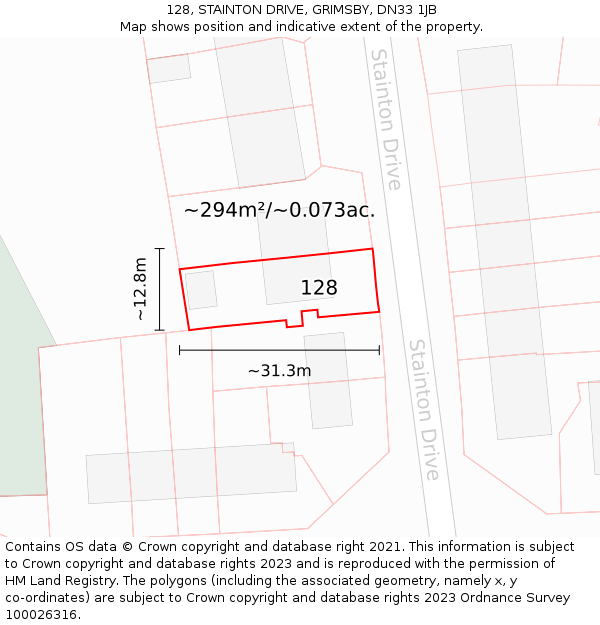128, STAINTON DRIVE, GRIMSBY, DN33 1JB: Plot and title map