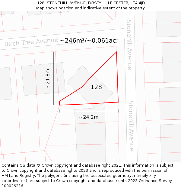 128, STONEHILL AVENUE, BIRSTALL, LEICESTER, LE4 4JD: Plot and title map