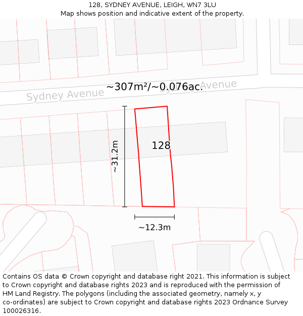 128, SYDNEY AVENUE, LEIGH, WN7 3LU: Plot and title map