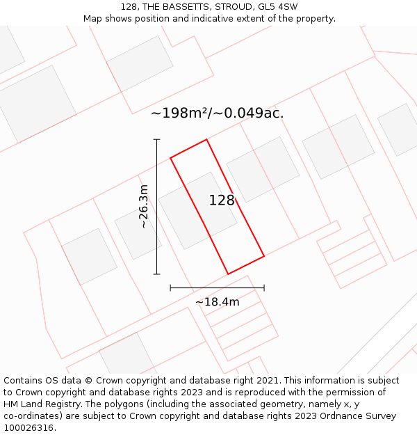 128, THE BASSETTS, STROUD, GL5 4SW: Plot and title map