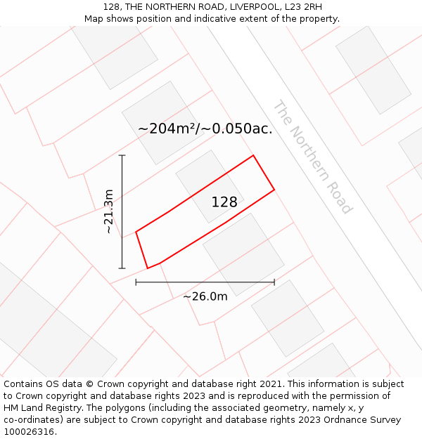 128, THE NORTHERN ROAD, LIVERPOOL, L23 2RH: Plot and title map