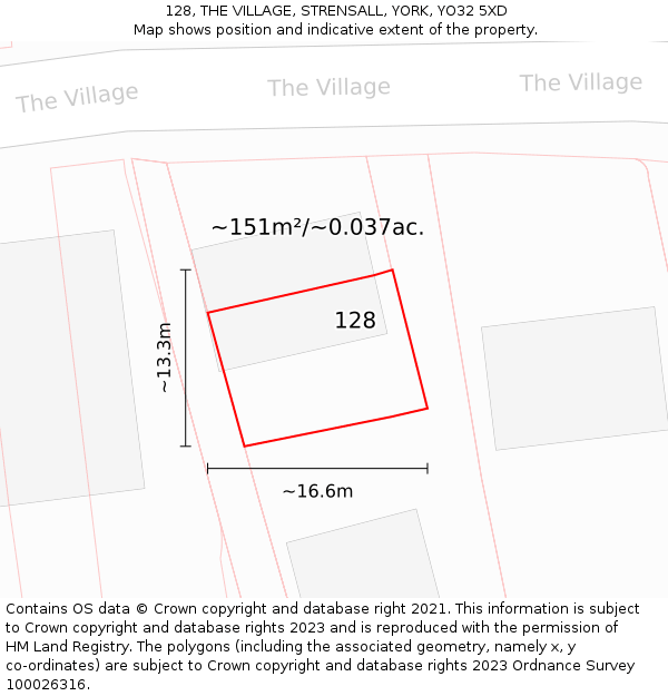 128, THE VILLAGE, STRENSALL, YORK, YO32 5XD: Plot and title map