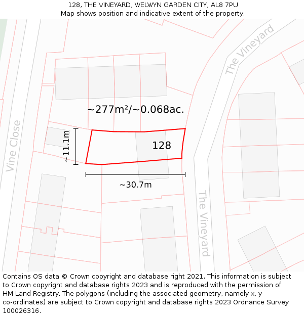 128, THE VINEYARD, WELWYN GARDEN CITY, AL8 7PU: Plot and title map