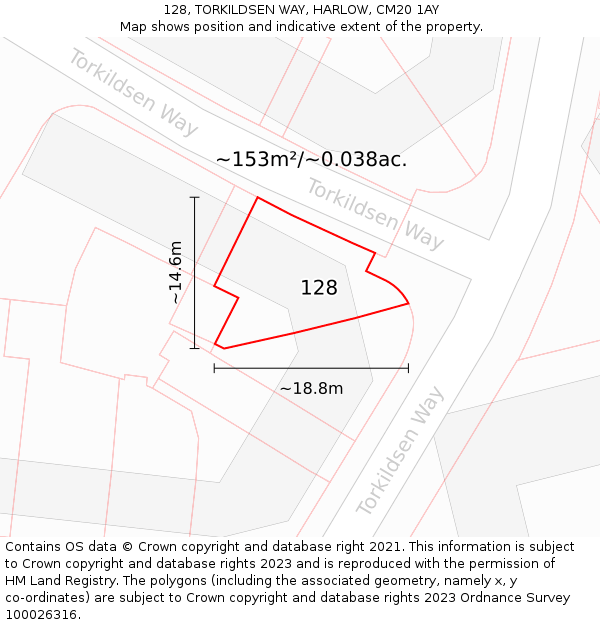 128, TORKILDSEN WAY, HARLOW, CM20 1AY: Plot and title map