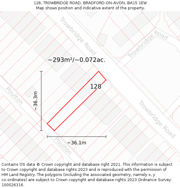 128, TROWBRIDGE ROAD, BRADFORD-ON-AVON, BA15 1EW: Plot and title map