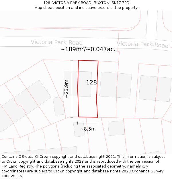 128, VICTORIA PARK ROAD, BUXTON, SK17 7PD: Plot and title map