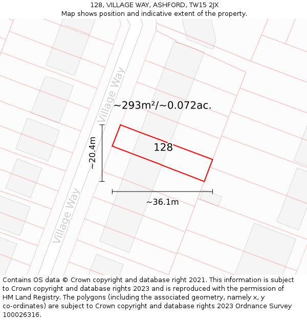 128, VILLAGE WAY, ASHFORD, TW15 2JX: Plot and title map