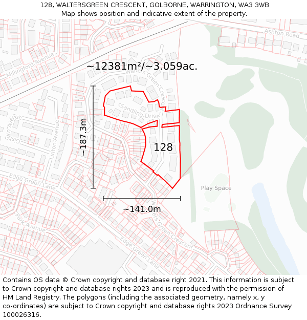 128, WALTERSGREEN CRESCENT, GOLBORNE, WARRINGTON, WA3 3WB: Plot and title map