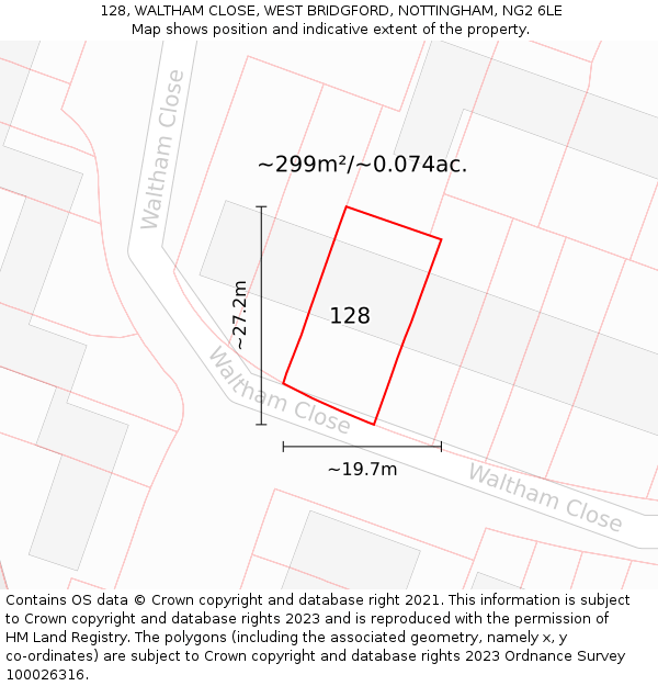 128, WALTHAM CLOSE, WEST BRIDGFORD, NOTTINGHAM, NG2 6LE: Plot and title map