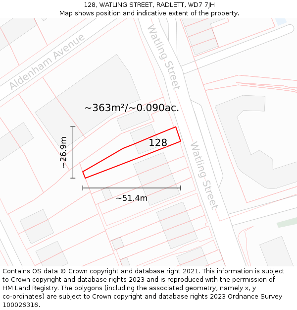 128, WATLING STREET, RADLETT, WD7 7JH: Plot and title map