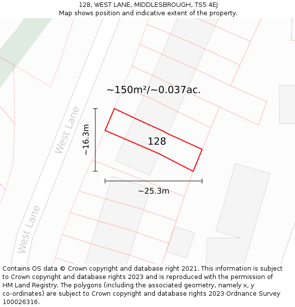 128, WEST LANE, MIDDLESBROUGH, TS5 4EJ: Plot and title map