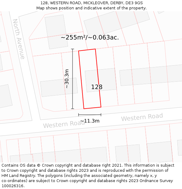 128, WESTERN ROAD, MICKLEOVER, DERBY, DE3 9GS: Plot and title map