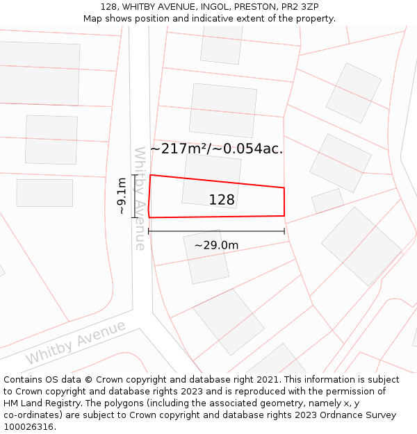 128, WHITBY AVENUE, INGOL, PRESTON, PR2 3ZP: Plot and title map