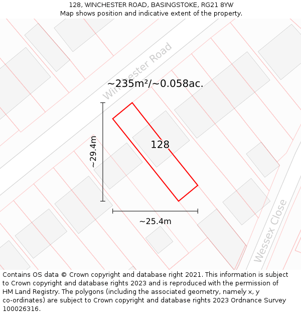 128, WINCHESTER ROAD, BASINGSTOKE, RG21 8YW: Plot and title map