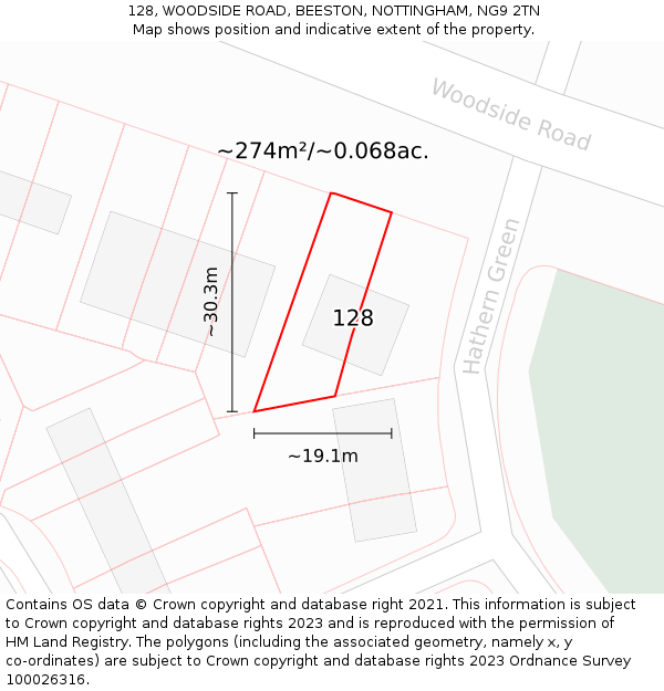 128, WOODSIDE ROAD, BEESTON, NOTTINGHAM, NG9 2TN: Plot and title map