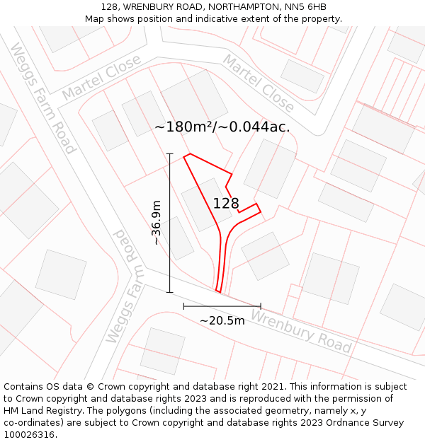 128, WRENBURY ROAD, NORTHAMPTON, NN5 6HB: Plot and title map