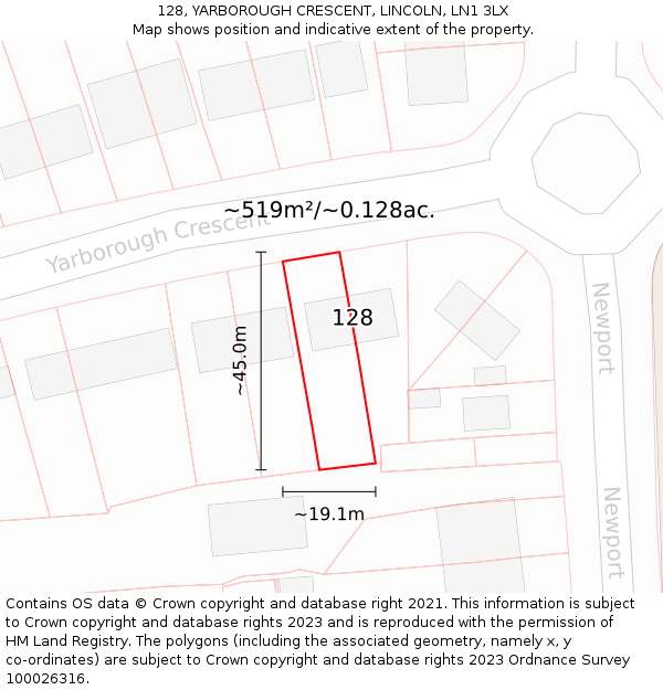 128, YARBOROUGH CRESCENT, LINCOLN, LN1 3LX: Plot and title map