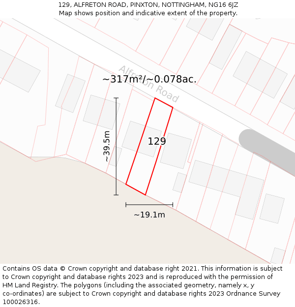 129, ALFRETON ROAD, PINXTON, NOTTINGHAM, NG16 6JZ: Plot and title map