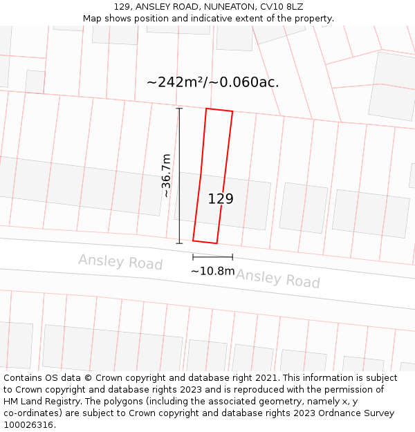 129, ANSLEY ROAD, NUNEATON, CV10 8LZ: Plot and title map