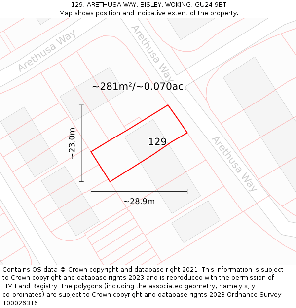 129, ARETHUSA WAY, BISLEY, WOKING, GU24 9BT: Plot and title map
