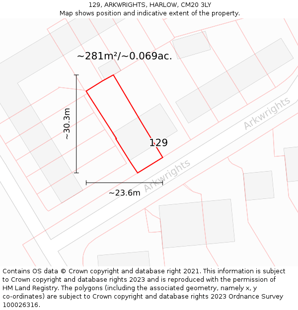 129, ARKWRIGHTS, HARLOW, CM20 3LY: Plot and title map