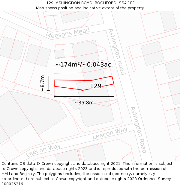 129, ASHINGDON ROAD, ROCHFORD, SS4 1RF: Plot and title map