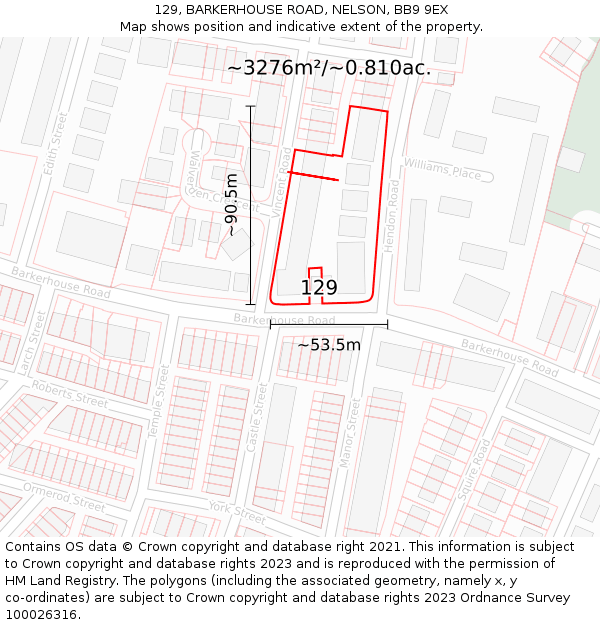 129, BARKERHOUSE ROAD, NELSON, BB9 9EX: Plot and title map