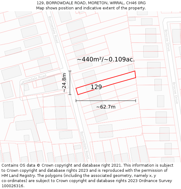 129, BORROWDALE ROAD, MORETON, WIRRAL, CH46 0RG: Plot and title map