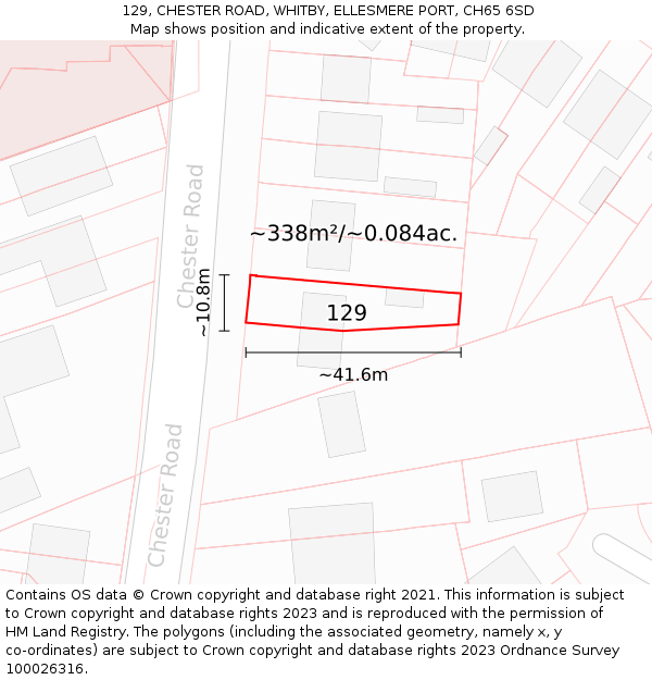 129, CHESTER ROAD, WHITBY, ELLESMERE PORT, CH65 6SD: Plot and title map