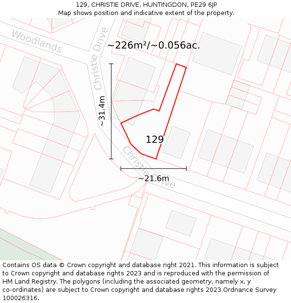 129, CHRISTIE DRIVE, HUNTINGDON, PE29 6JP: Plot and title map