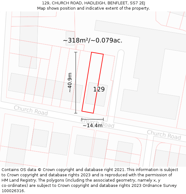 129, CHURCH ROAD, HADLEIGH, BENFLEET, SS7 2EJ: Plot and title map