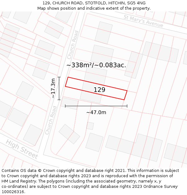 129, CHURCH ROAD, STOTFOLD, HITCHIN, SG5 4NG: Plot and title map