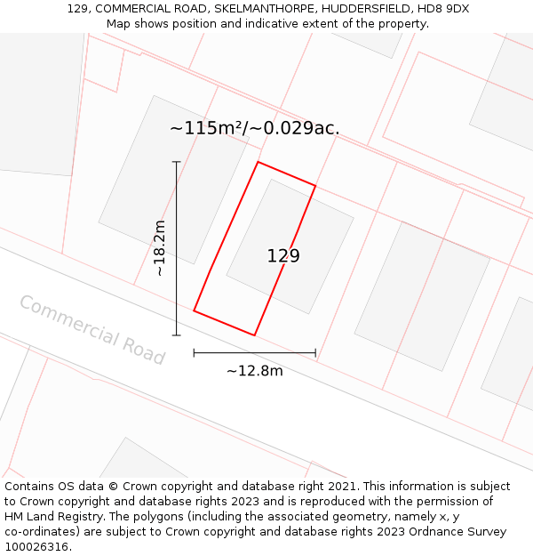 129, COMMERCIAL ROAD, SKELMANTHORPE, HUDDERSFIELD, HD8 9DX: Plot and title map