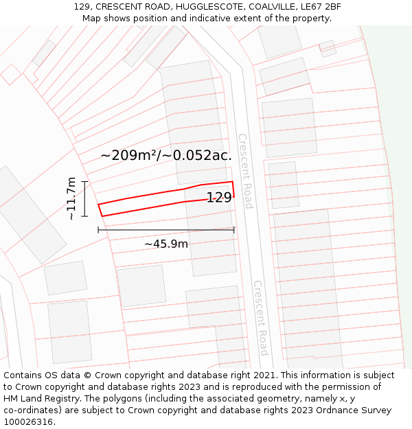 129, CRESCENT ROAD, HUGGLESCOTE, COALVILLE, LE67 2BF: Plot and title map