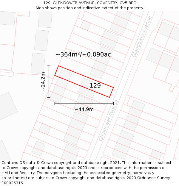 129, GLENDOWER AVENUE, COVENTRY, CV5 8BD: Plot and title map