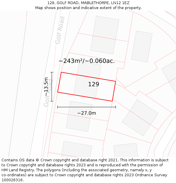 129, GOLF ROAD, MABLETHORPE, LN12 1EZ: Plot and title map