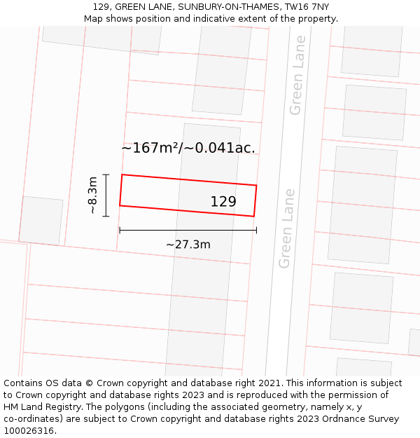129, GREEN LANE, SUNBURY-ON-THAMES, TW16 7NY: Plot and title map