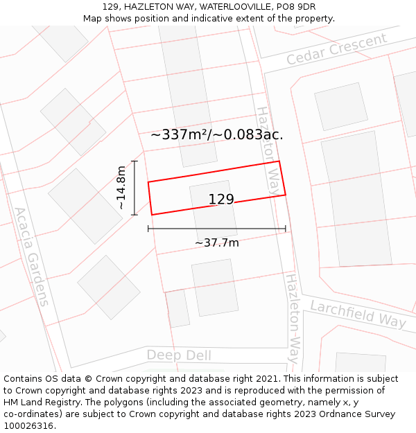 129, HAZLETON WAY, WATERLOOVILLE, PO8 9DR: Plot and title map