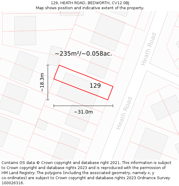 129, HEATH ROAD, BEDWORTH, CV12 0BJ: Plot and title map