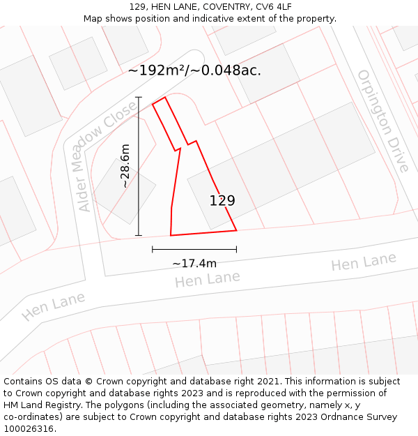 129, HEN LANE, COVENTRY, CV6 4LF: Plot and title map