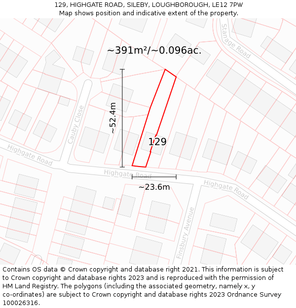 129, HIGHGATE ROAD, SILEBY, LOUGHBOROUGH, LE12 7PW: Plot and title map