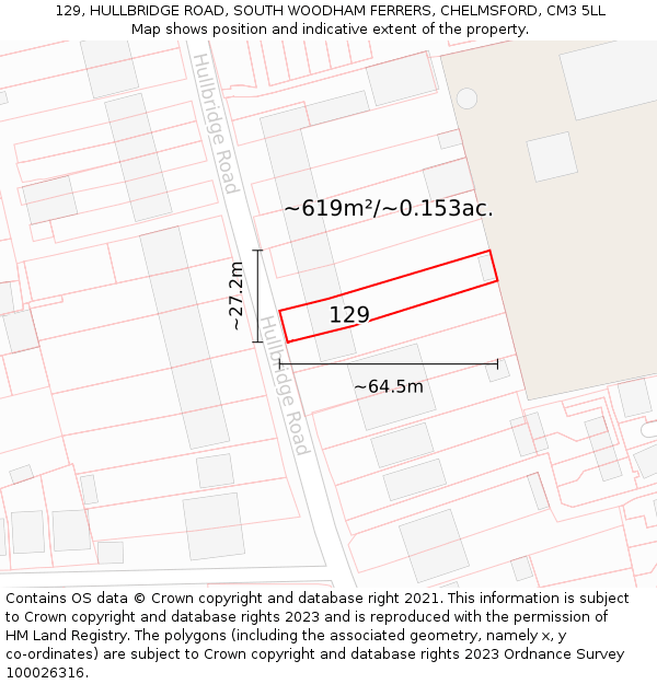 129, HULLBRIDGE ROAD, SOUTH WOODHAM FERRERS, CHELMSFORD, CM3 5LL: Plot and title map