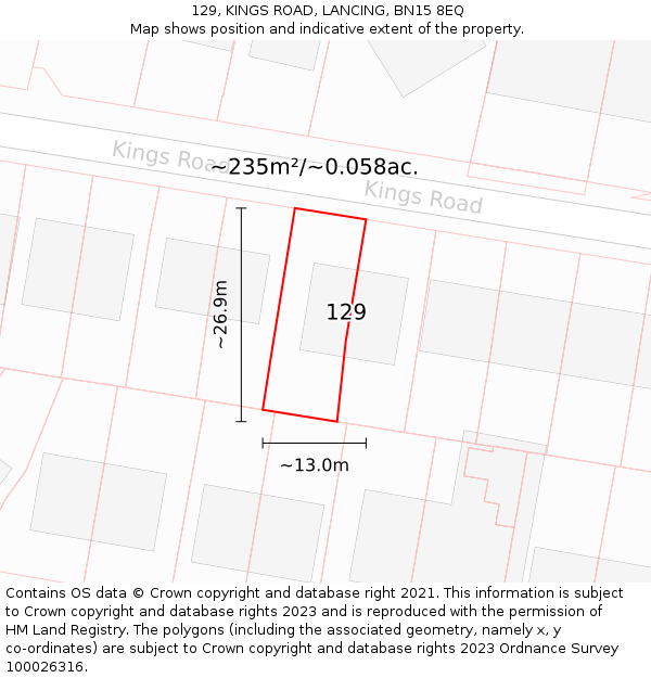 129, KINGS ROAD, LANCING, BN15 8EQ: Plot and title map