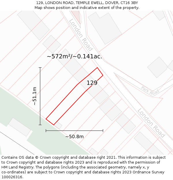 129, LONDON ROAD, TEMPLE EWELL, DOVER, CT16 3BY: Plot and title map