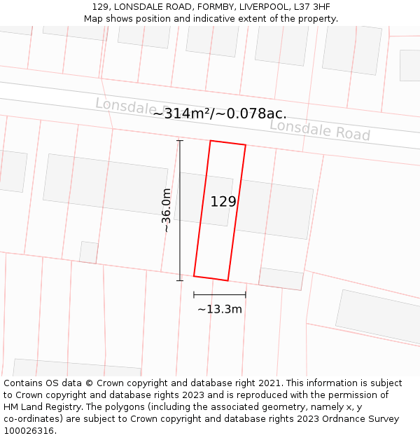 129, LONSDALE ROAD, FORMBY, LIVERPOOL, L37 3HF: Plot and title map