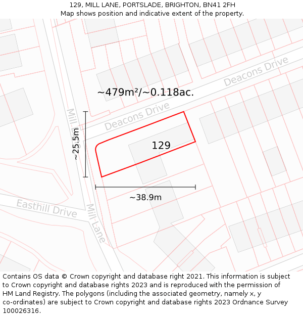 129, MILL LANE, PORTSLADE, BRIGHTON, BN41 2FH: Plot and title map