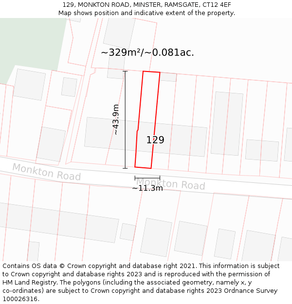 129, MONKTON ROAD, MINSTER, RAMSGATE, CT12 4EF: Plot and title map